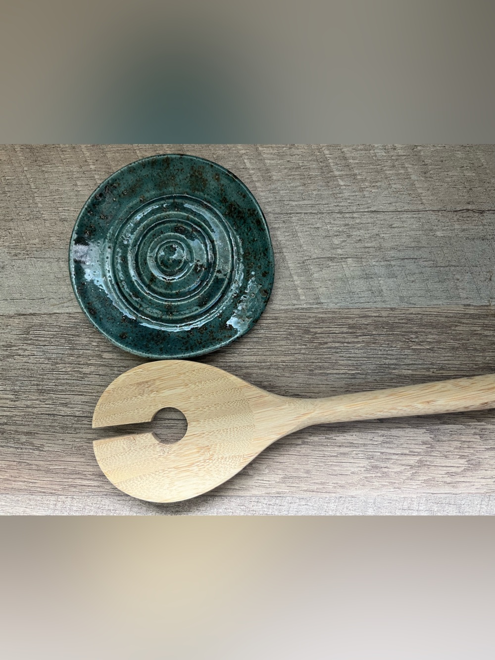 Handmade Ceramic Spoon Rest - Teal Speckled Glaze